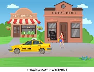 Woman waiting for taxi after shopping in bookstore illustration. Young female cartoon character in dress with bags of books walking towards yellow car, flower shop. Market street, bookstore concept