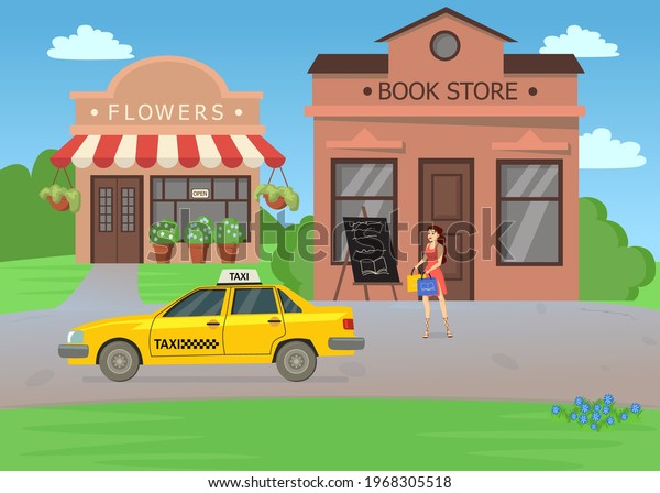 Woman waiting for taxi after shopping in\
bookstore illustration. Young female cartoon character in dress\
with bags of books walking towards yellow car, flower shop. Market\
street, bookstore\
concept