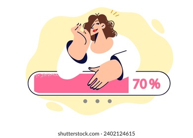 Woman waiting for web page to load, leaning on progress line downloading information from network. Concept long downloading files from internet associated with outdated telecommunications equipment