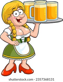 Woman Waitress Cartoon Character In Traditional Bavarian Clothes Holding Tray Beer Glasses. Vector Hand Drawn Illustration Isolated On Transparent Background