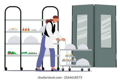 Woman waitress character in uniform pushing trolley cart with freshly cooked food served dishes cartoon scene. Professional restaurant kitchen staff, commercial catering service and hospitality