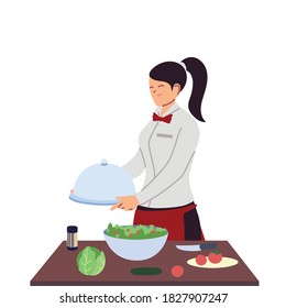 woman waitress with food on table vector illustration design