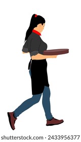 Woman waitress holding empty tray for order drinks for guests vector illustration. Restaurant servant taking orders. Pub worker serve wine drinks for client. Girl barman welcomes guest with beverage.