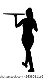 Woman waitress holding empty tray for order drinks for guests vector silhouette. Restaurant servant taking orders. Pub worker serve wine drinks for client. Girl barman welcomes guest with beverage.