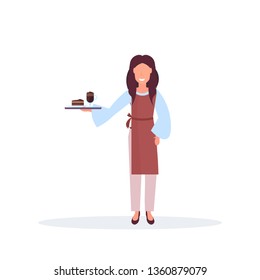 woman waitress holding tray with cake and cappuccino barista coffee shop worker standing pose cartoon character full length white background flat