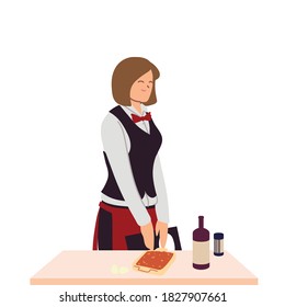 woman waitress with menu on table vector illustration design