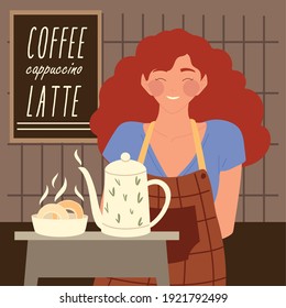 woman waitress portrait with teapot and bread vector illustration