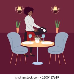 Woman Waitress In Uniform Takes An Order In A Restaurant Vector Illustration Design