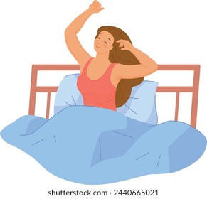 Woman wake up in bed. Happy morning person isolated on white background