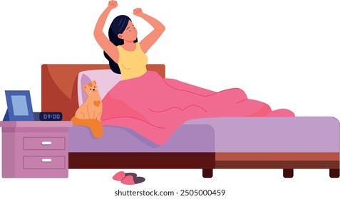 Woman wake up in bedroom. Cat sit in bed. Cozy home. Vector illustration