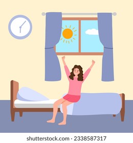 Woman wake up fresh in the morning. Cute girl get out of bed.