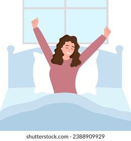 Woman wake up in the morning on bed and stretching in flat design.