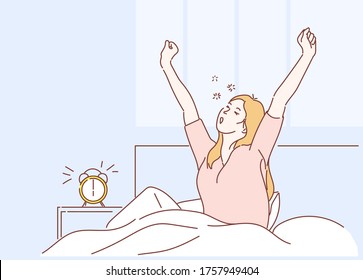 Woman wake up in the morning on white bed and stretching. Hand drawn in thin line style, vector illustrations.