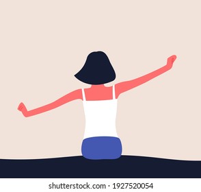 Woman wake up in the morning, stretching in bed with raised arms. Flat vector illlustration of waking up