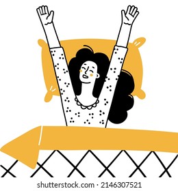 Woman wake up in the morning and stretching. The girl wakes up lying on her bed and smiles. Top view composition. Hand drawn doodle line style vector illustrations. Black and yellow on white