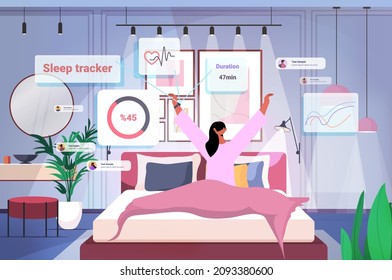 woman wake up from sleep with electronic smart watch app tracker on hand quality and quantity sleep control