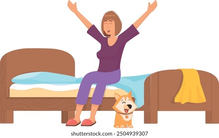 Woman wake up and stretching in bed. Cozy home morning