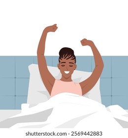 Woman wakes up in the morning and stretches. Flat vector Character Illustration