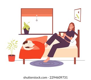 Woman wakes up on the bed in a good mood. Vector of bedroom woman, morning mood with coffee and cat illustration