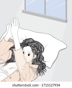 The woman is waking up in the morning.She is waking up on a bright day.Doodle art concept,illustration painting