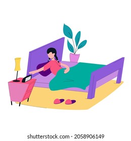 Woman waking up in the morning, turning off the alarm clock. Vector illustrative design.