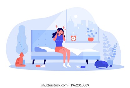 Woman waking up with splitting headache. Young female character touching head in morning, cat sitting on floor flat vector illustration. Migraine concept for banner, website design or landing web page