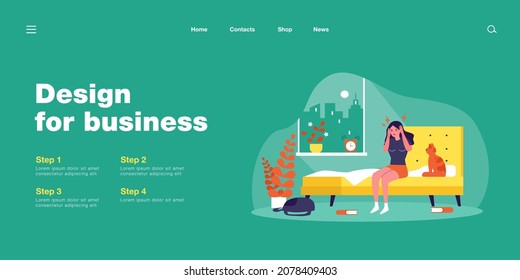 Woman waking up with splitting headache. Young female character touching head in morning, cat sitting on floor flat vector illustration. Migraine concept for banner, website design or landing web page