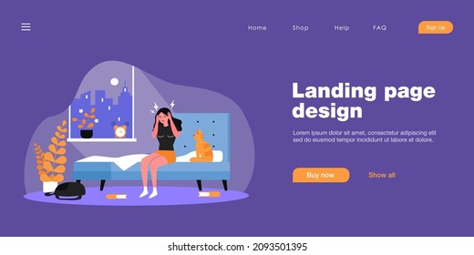 Woman waking up with splitting headache. Young female character touching head in morning, cat sitting on floor flat vector illustration. Migraine concept for banner, website design or landing web page