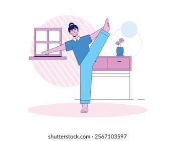 Woman waking up stretching her muscles exercise, stress relief. Character design. Vector flat illustration