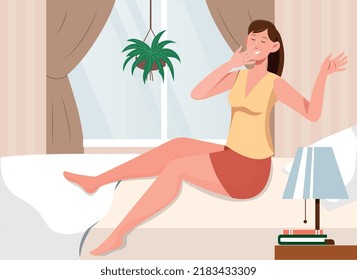 Woman waking up. Young girl sits on bed in morning. Comfort and coziness in apartment, character in bedroom. Weekends and lazy person. Rest and relax indoor. Cartoon flat vector illustration