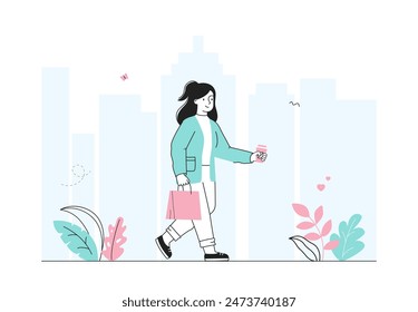 Woman walk around city. Young girl with briefcase walks near skyscrapers. Businessman goes to work. City dwellers outdoors. Linear flat vector illustration isolated on white background