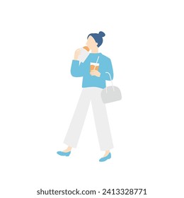 woman walk around town eating good food. she enjoy eating tour