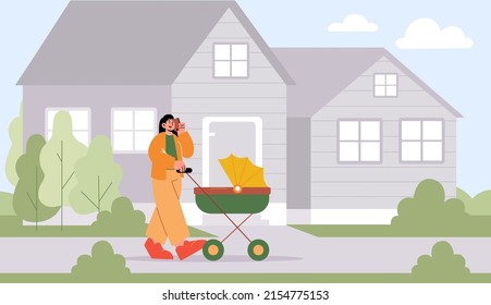 Woman walk with baby carriage. Mother push stroller with newborn child and talk on mobile phone. Vector flat illustration of family, maternity, parenthood concept. Mom walking with infant in pram