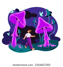 Woman walk between huge mushrooms concept. Girl sleep, person see fantastic toadstool and fairy in imagination. Night landscape, dreamscape, surreal travel. Flat isolated vector illustration on white