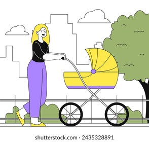 Mujer caminando con garabato infantil. Caminata de la muchacha joven con el cochecito amarillo al aire libre. Maternidad y paternidad. Preocúpate por el bebé. Ilustración plana simple del vector aislada en el fondo blanco