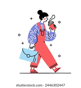 Woman walk and coffe drink set. Busy employees character drinking coffee. Young woman rush to work.Busy human is late concept. Cartoon flat vector collection isolated on white background