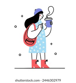 Woman walk and coffe drink set. Busy employees character drinking coffee. Young woman rush to work.Busy human is late concept. Cartoon flat vector collection isolated on white background