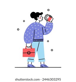 Woman walk and coffe drink set. Busy employees character drinking coffee. Young woman rush to work.Busy human is late concept. Cartoon flat vector collection isolated on white background