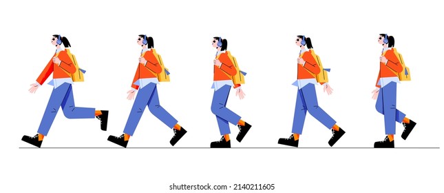 Woman walk cycle sequence for creating game animation. Pictures frame with teenager girl wear headphones walking with backpack, passerby, tourist movement, Cartoon flat vector line art illustration