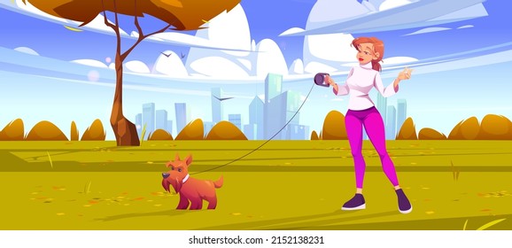 Woman Walk With Dog In City Park. Female Character In Casual Clothes Spend Time With Pet At Outdoor Public Place. Summer Time Relax, Leisure, Communication With Animal, Cartoon Vector Illustration