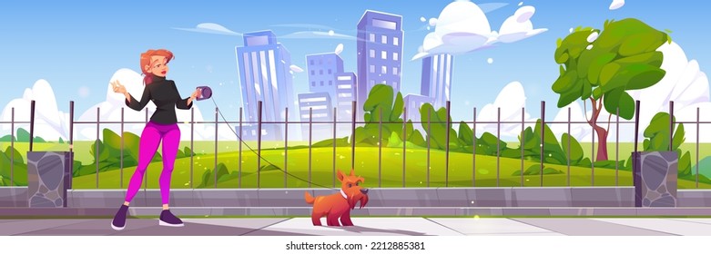 Woman walk with dog in city park. Female character in casual clothes spend time with pet at outdoor public place with cityscape view. Relax, communication with animal, Cartoon vector illustration