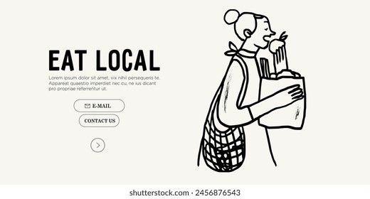 Woman walk form local market and eat apple vector illustration. Sustainable lifestyle. Support local farmers banner, flyer, web landing page, poster or placard in trendy charcoal simple line style.