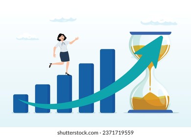 Woman walk up growth rising up graph with sandglass metaphor of time, time value of money, long term investment, business growth or success growing business, make profit or investment gain (Vector)