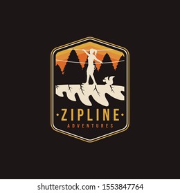 Woman Walk On Oak Leaf, Game And Park Logo, Zipline Adventure Game Logo Icon Vector Template On Black Background