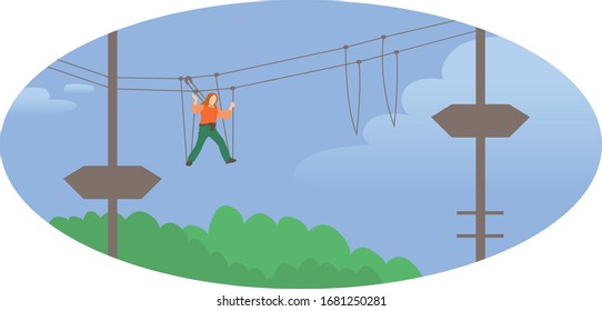 Woman walk on a rope bridge in an adventure rope park