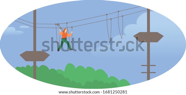 Woman\
walk on a rope bridge in an adventure rope\
park