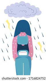 Woman walk in rain and storm, sad mood after bad day concept,vector illustration on white background. Unstable mental condition, female depression, despair and stress. Flat style.