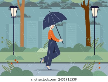 Woman walk in rainy weather. Young girl with dark umbrella walk at city park. Wet street. Fashion, elegance and aesthetics. Autumn and fall season. Cartoon flat vector illustration