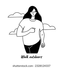 Woman walk or run outdoors. Body positive and Healthy Lifestyle concept black and white line vector illustration on white background.