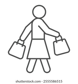 Woman walk for shopping thin line icon, consumer bag concept. Vector graphics. Lady with shopping packets sign on white background, outline style icon for mobile or web design